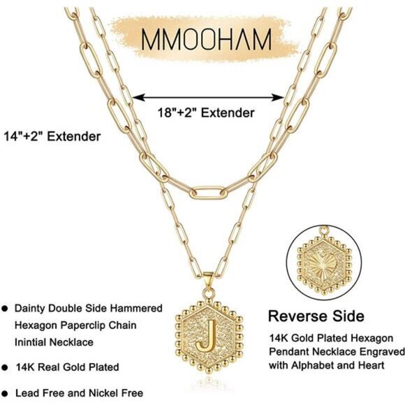 14K Gold Plated Paperclip Chain Necklace Hexagon Letter Pendant Choker Necklace - Picture 5 of 6